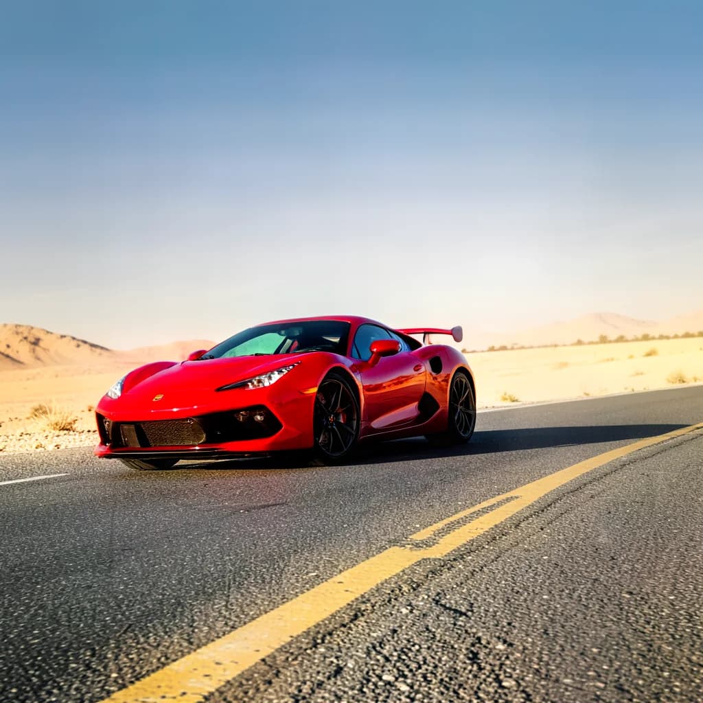 Red sports car on a desert road, generated in Echova Pixel