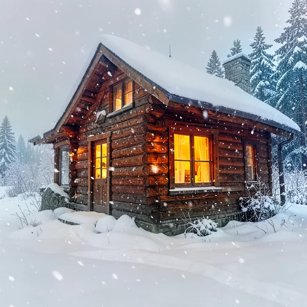 Cozy wooden cabin in falling snow, generated in Echova Pixel
