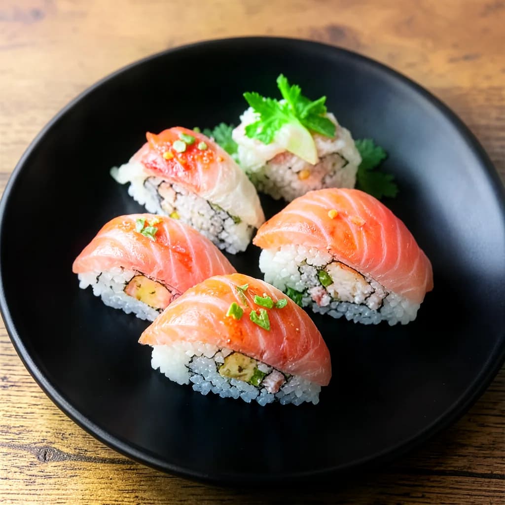 Fresh sushi arranged on a black plate, generated in Echova Pixel
